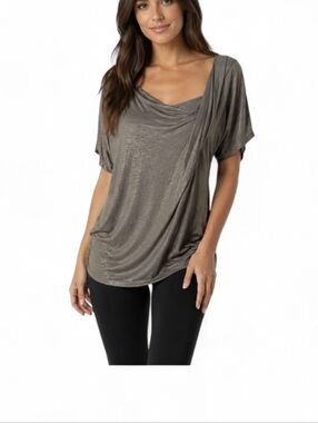 New York & Company Slinky Drape Top Size Large Metallic Taupe Loose Fit